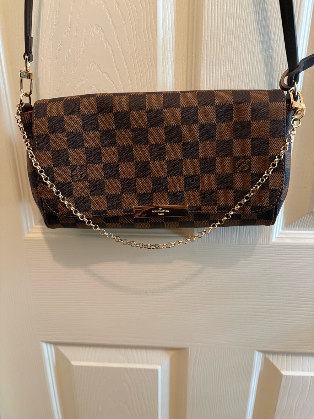 Brown Checkered Crossbody with Gold Chain and red interior